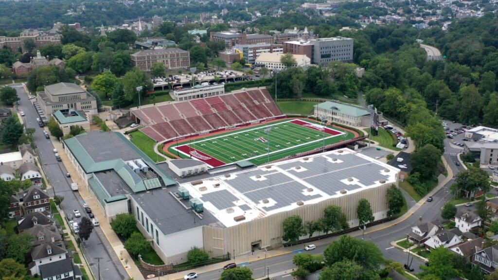 Solar panels on the roof of Kirby Sports Center contributed to Lafayette's PEER certification