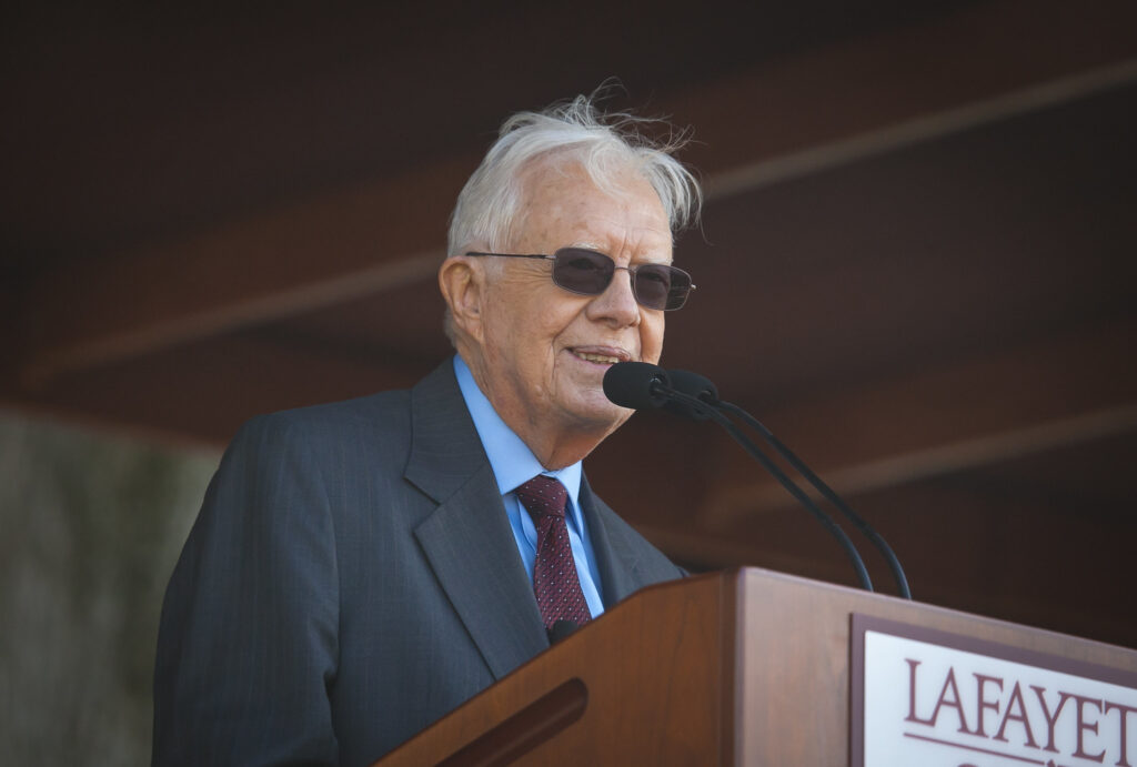 Jimmy Carter, 39th President of the United States, delivered Lafayette’s inaugural Robert ’69 and Margaret Pastor Lecture in International Affairs April 22, 2013 on the Quad. Robert Pastor introduced Carter prior to the lecture.