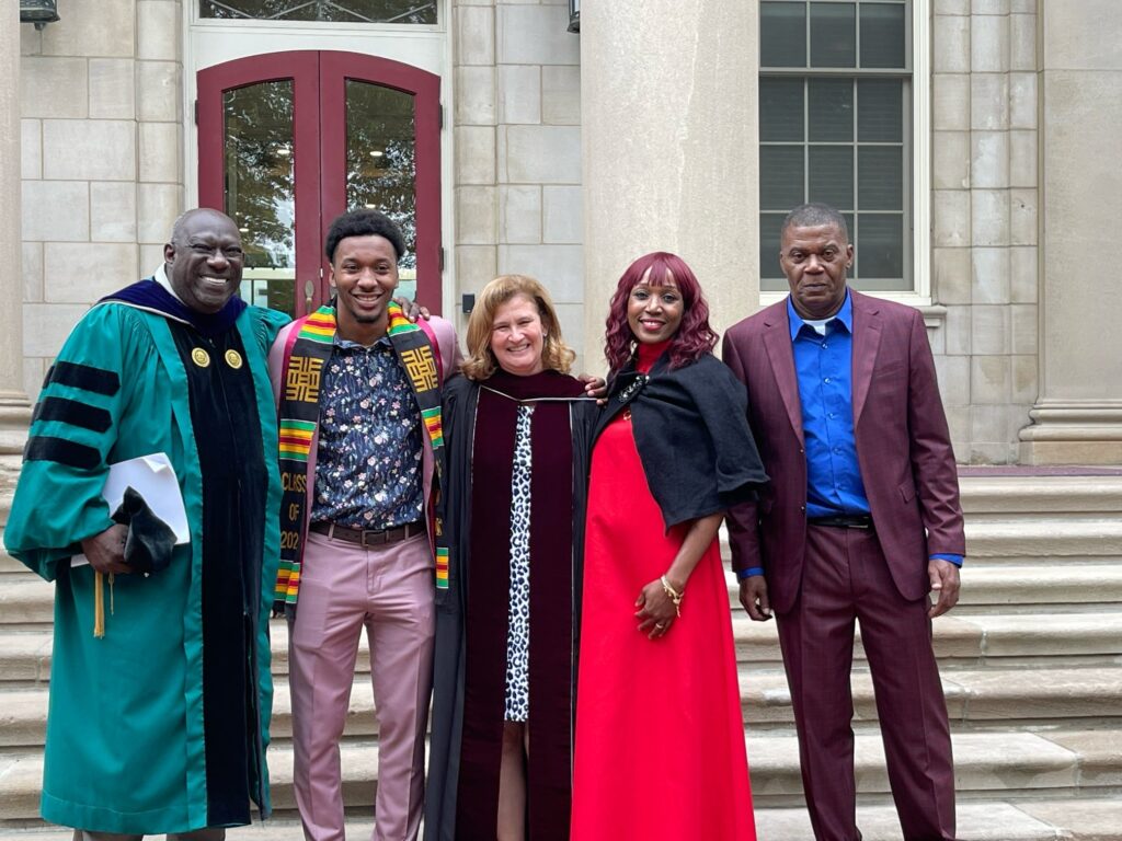 (Left to right): Gladstone “Fluney” Hutchinson, Jonathan Ford ’23, President Nicole Hurd and Ford's parents, Latoya and John Ford.