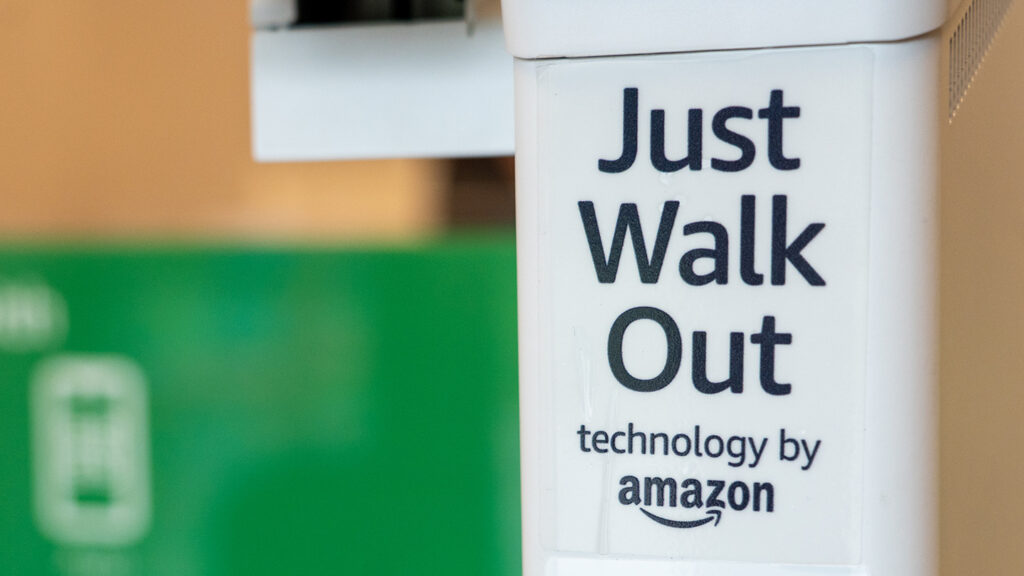 Sign reads: Just Walk Out technology by Amazon
