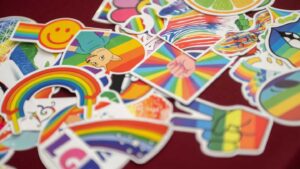 Close up of stickers representing support for LGBTQIA+ community