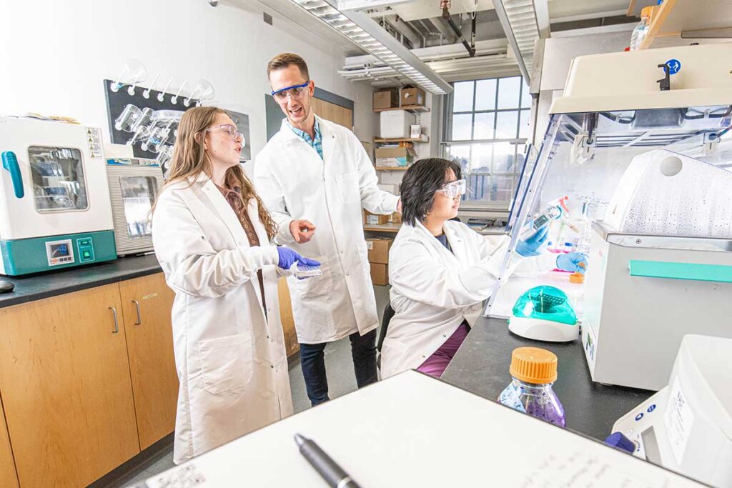 Assistant professor of chemistry Michael Bertucci conducting research in the lab with student-researchers Ryann Carlotz '24 and Alex Yurtola '26