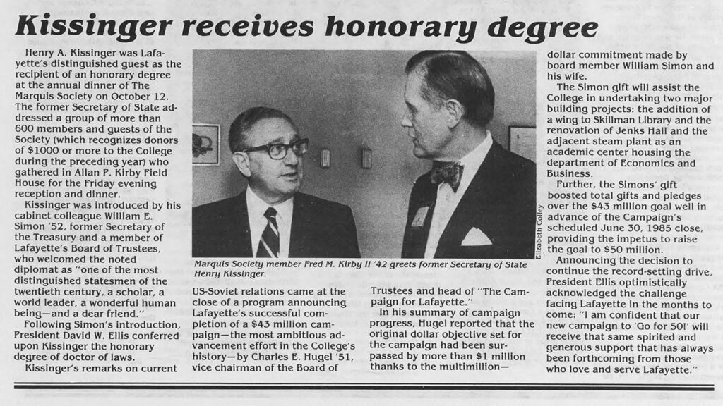 An article from an alumni newspaper about Henry Kissinger's 1984 visit to campus.