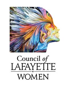 Graphic of a side profile of a woman with multicolor hair is part of the Council of Lafayette Women logo on a white background.