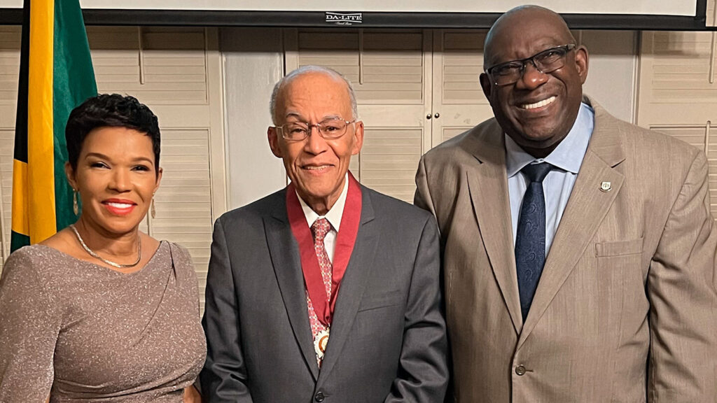 Vice President Kamala Harris's father, Donald J. Harris, center, receives Jamaica's Order of Merit, the Caribbean nation's third-highest award, in December 2021. With him are Jamaica's ambassador to the United States, Audrey Marks, and Lafayette College Prof. Gladstone “Fluney” Hutchinson. (Photo courtesy of Gladstone Hutchinson)