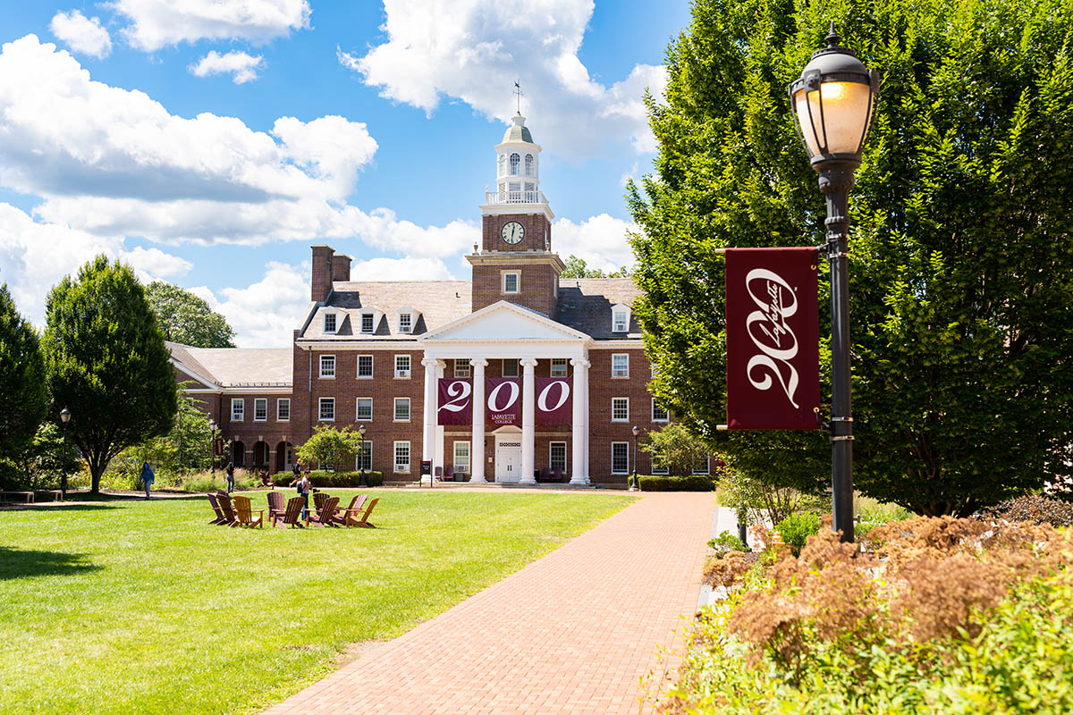 A photo of Lafayette's campus shows a 200 celebration banner in front of Watson Hall, which also has banners saying 200.