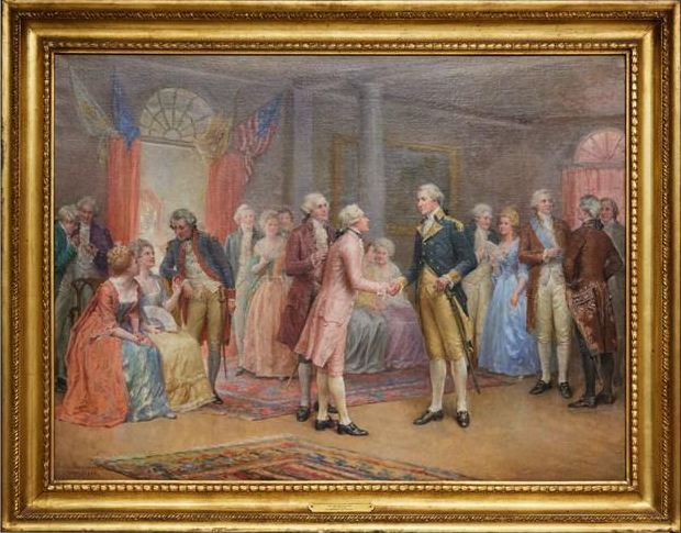 Washington Greeting Lafayette at Mount Vernon, 1784, 1875, an oil on canvas by Jennie Augusta Brownscombe (1850-1936) 