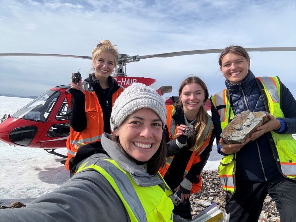 July 2025 at Þórðarhyrna, one of the volcanoes to be featured in the March 10 talk by Prof. Cawley, front center. Behind her (L-R): Gabby Montano '25, Illinois State University, and Lafayette College geology majors Victoria Andreo '27 and Maggie Pearce '27. Students are holding rocks that show the diversity of samples collected at this outcrop. | Photo by Tamara Carley