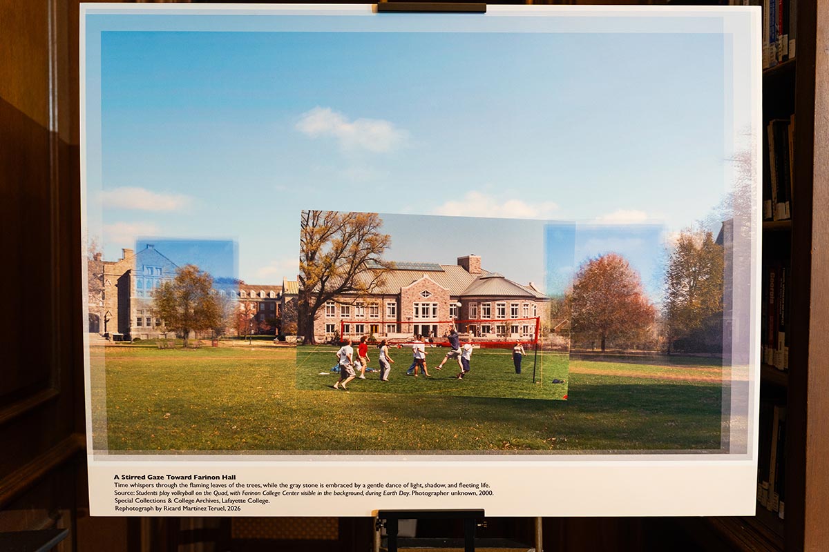 An overlaid photo of historical students playing soccer with a modern photo of Farinon