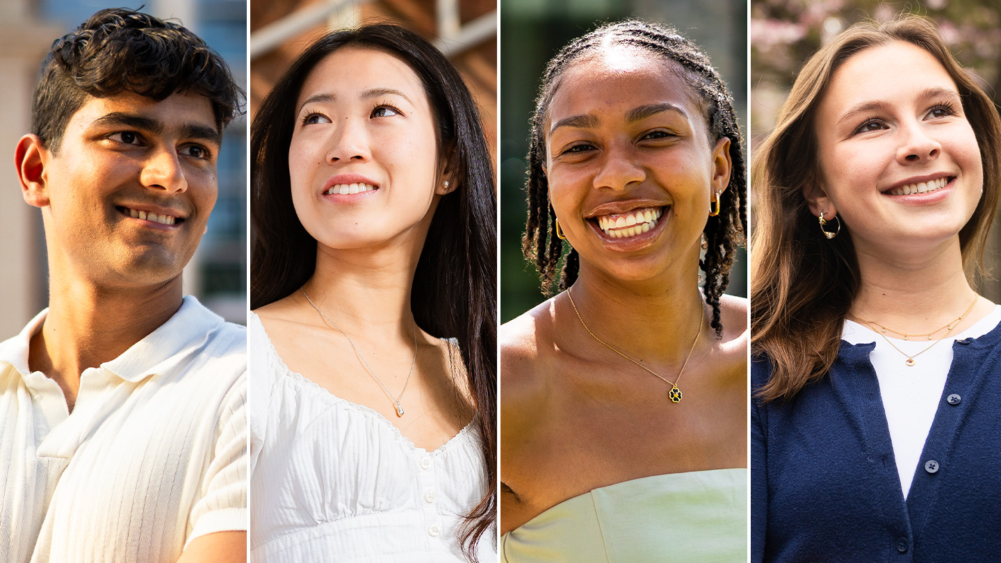 Pepper Prize 2026 nominee photo collage. From left to right: Kashif Chopra ’26, Yuko Tanaka ’26, Kushur Davidson ’26, Hope Basaman ’26.