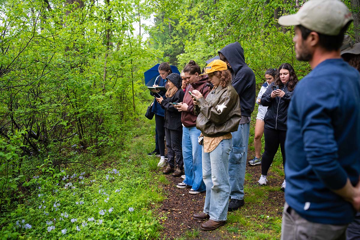 Students write notes in the field