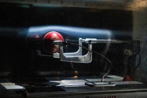 Close-up of a cricket ball being tested in Lafayette's subsonic wind tunnel