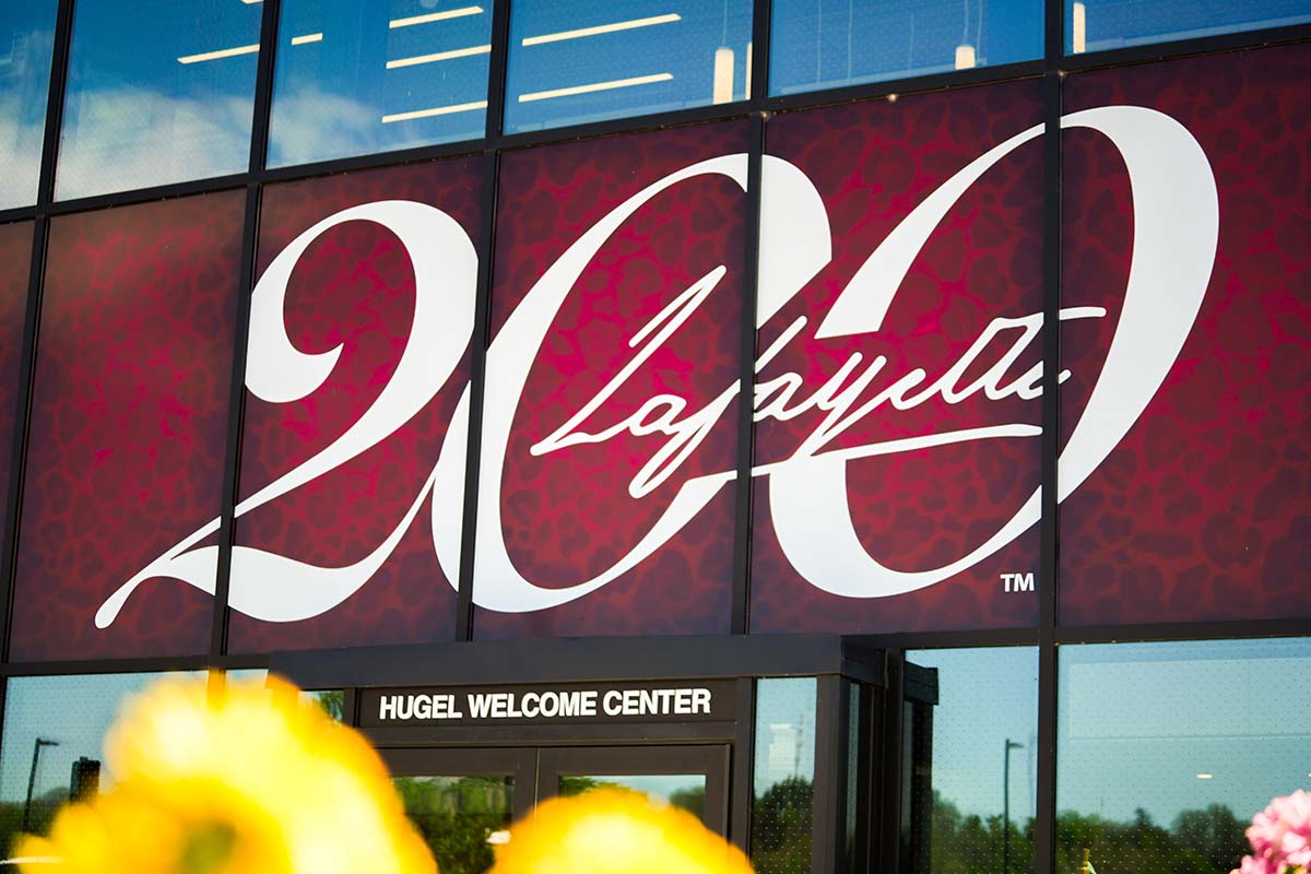 200 banner over Hugel Welcome Center