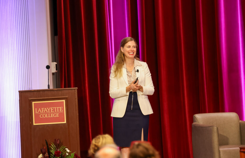 Plenary speaker Hélène Landemore spoke to a Colton Chapel audience about transitioning from electoral politics to citizen assemblies. Photo by JaQuan Alston