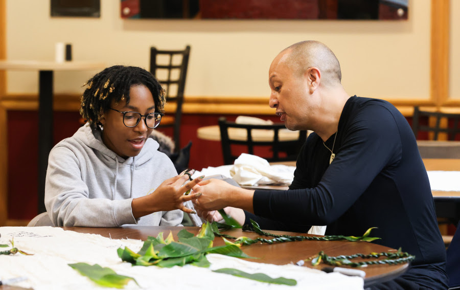 Johanna Douge ’27 and artist Christopher K. Morgan worked on a lei-making technique as part of the Beyond the Stage series. Workshops were offered on campus and for the community at Easton Area Public Library. The Arts at Lafayette series offers a chance to dive deeper into your favorite Performance Series with a series of complementary events and workshops.