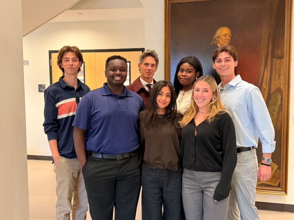 (L-R): Bode Brewer '28, Bryan Kibet '27, 69 News anchor/reporter Bo Koltnow, Aanika Patel '27, Kayla Denis '27, Kiley Meringer '27, and Charlie Weinstein '27. (Contributed photo)