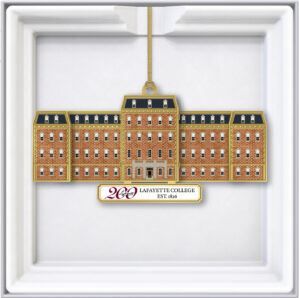 An ornament featuring a brass replica of Pardee Hall is shown in a white box.
