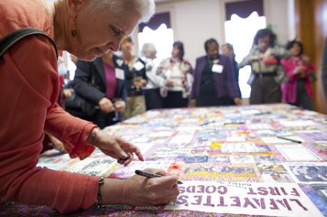 Members of the early classes were invited to sign the 40th Anniversary of Coeducation Commemorative Quilt.