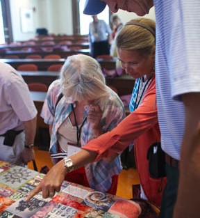 Taking a close look at the quilt made to celebrate 40 years of coeducation at Lafayette.