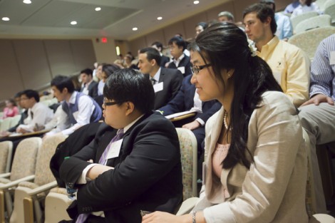 Shiyang Jiang '12 (left) and Miao Wang '12, members of the Investment Club which co-sponsored the event with Career Services.