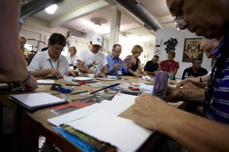 Participants settle in at the Experimental Printmaking Institute to learn how to make books.