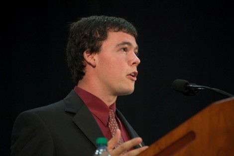 Lafayette College held its  Convocation in Kirby Field House welcoming 639 new college freshmen. Here President of Student  Government Matt Grandson '12 welcomes the new studentsChuck Zovko