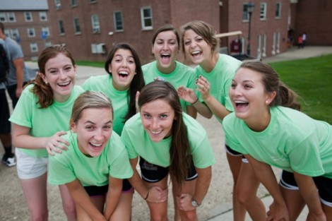 Members of Kappa Kappa Gamma sorority help first-year students move in to Ruef Hall.