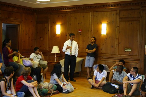 Eugene Gabay, associate director of admissions, welcomes the first-year international students.