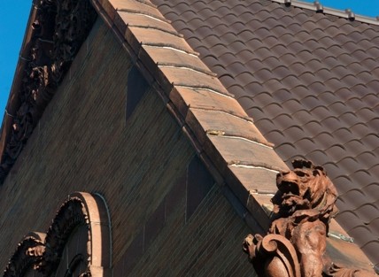 A detail of the architecture of Van Wickle Hall