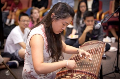 Yue Yuan '12 plays a traditional Chinese string instrument.