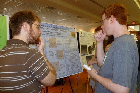 Geology major Brian Scott '12, left, discussed research he performed on the thermal expansion of minerals with Guy Hovis, John Markle Professor of Geology and Environmental Geosciences. 