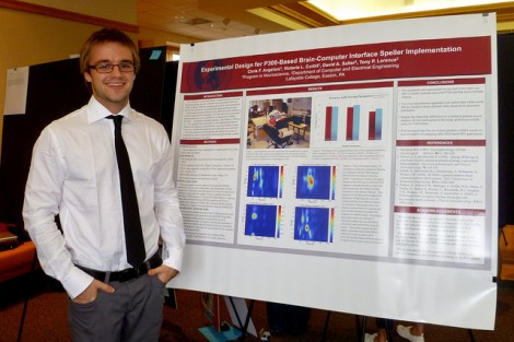 Neuroscience major Chris Angeloni ’12 presented research on a brain-computer interface project headed by Lisa Gabel, assistant professor of psychology, and Yih-Choung Yu, associate professor of electrical and computer engineering.