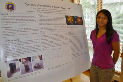 Biology major Dyana Picache ’12 presented research she performed with Laurie Caslake, associate professor and head of biology, on the ability of bacteria-treated sand to withstand earthquakes.