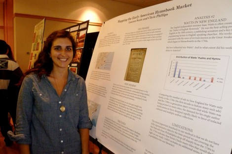 English major Lauren Scott '12 presented research she did with Chris Phillips, assistant professor of English, for a book he is writing on early American hymns.