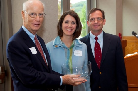 Pamela Gaary Holran ’88, center, president of the Alumni Association, and President Daniel H. Weiss, right, present Alan R. Griffith '64 with the Bell Award.