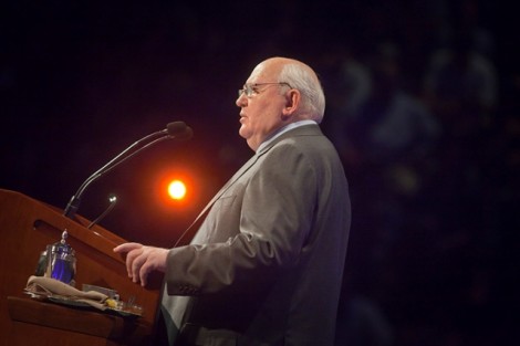 Mikhail Gorbachev speaks to 3,600 people in Kirby Sports Center.