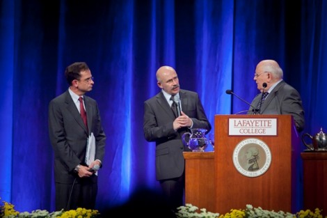 President Daniel H. Weiss, left, hosted the question-and-answer session with Mikhail Gorbachev, right, and his translator.