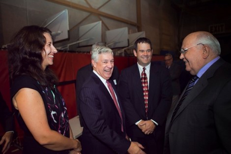 Jackie Olich '92, left, who traveled to Moldova as part of the Lafayette/Soviet Union exchange program in 1991, Edward Ahart '69, chairman of the Board of Trustees, and Professor Josh Sanborn, speak with Gorbachev backstage before the lecture. 