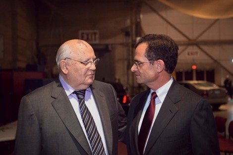 Mikhail Gorbachev, left, with President Daniel H. Weiss backstage