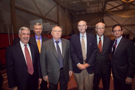 President Gorbachev, center, meets backstage before the event with (from left) Edward Ahart '69, chairman of the board of trustees, Stephen Pryor '71, vice chair, Walter Oechsle '57, Alan Griffith '64, former chair of the board, and President Daniel Weiss.