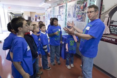Arthur Kney, associate professor and head of civil and environmental engineering, speaks with the elementary students about the projects Lafayette students are doing throughout the world. 
