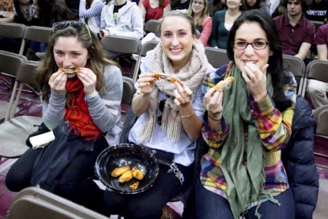 Madeleine DiSalvo '14, l-r, Nina Fisher '14, and Jaclyn Dornfeld '14 enjoy wings after the competition.
