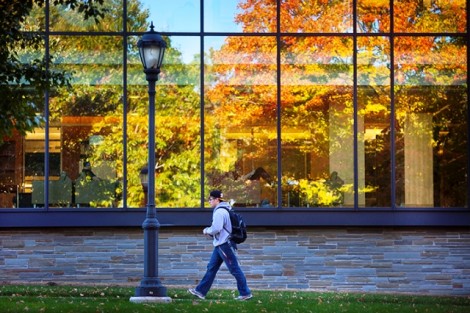 A student heads to Skillman Library.