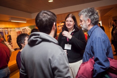Anne Raich, assistant professor of civil and environmental engineering, talks with parents and students during the 
