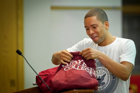 After answering some questions about Islam, Andrew Bahr '13 got to pick out a Lafayette College t-shirt.