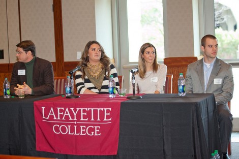 A young alumni panel includes Alex La Roche '98 (L-R), Kate Hardin '08, Allison Vail '08, and Adam Bozick '06.