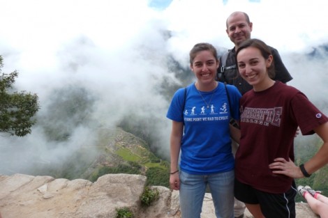 Megan Schultz '12, Professor Juan Rojo, and Dena Inqui '13 overlooking Machu Picchu