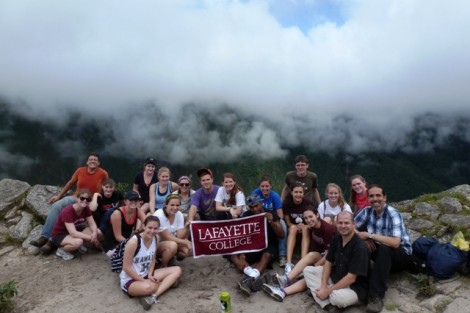 The whole group in the clouds of Huayna Picchu, which overlooks Machu Picchu