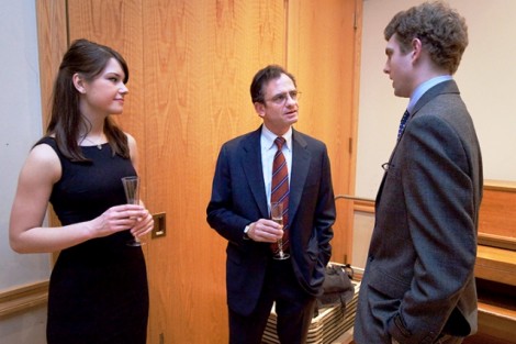 Caroline Lang '13, left, student government president, and President Daniel Weiss speak with Connor Heinlein '15.