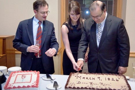 President Daniel Weiss, l-r, Student Government president Caroline Lang '13, and Easton mayor Sal Panto cut the cake.